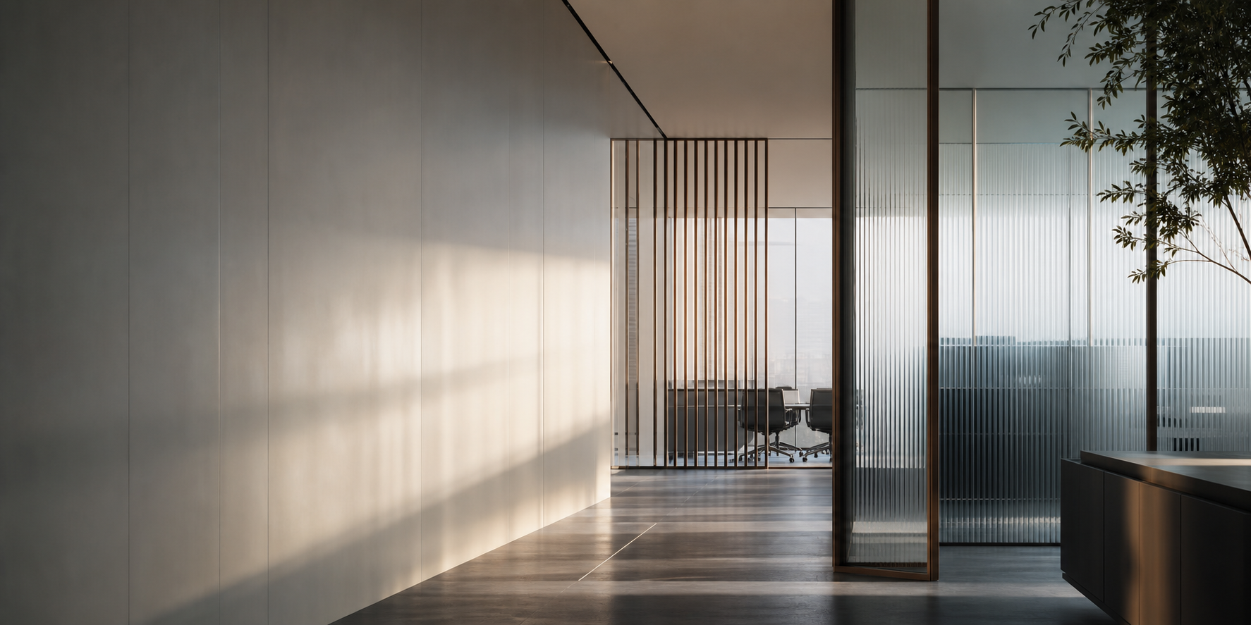Abstrakter Architekturraum mit Licht, Schatten und klaren Linien